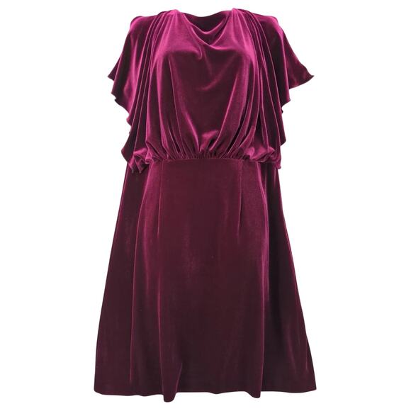 Jessica Simpson Burgundy Velvet Dress Sz 12W Flutter Slv Open Back Blouson Waist - Picture 1 of 10